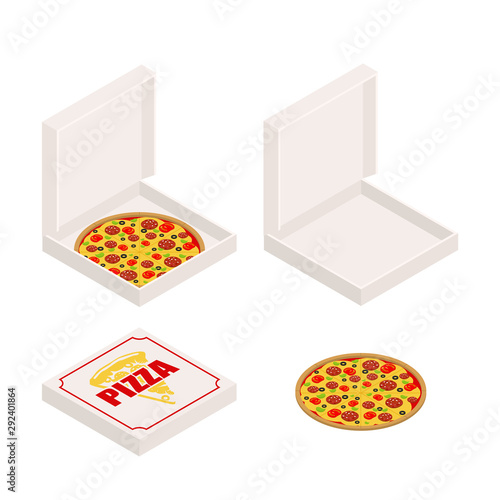 Pizza and box set. Closed and open box. Fast food Vector illustration