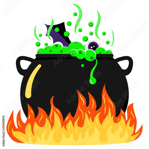 Flat vector illustration of black halloween design witches cauldron with bubbling poison potion, eye, bat wing in fire.