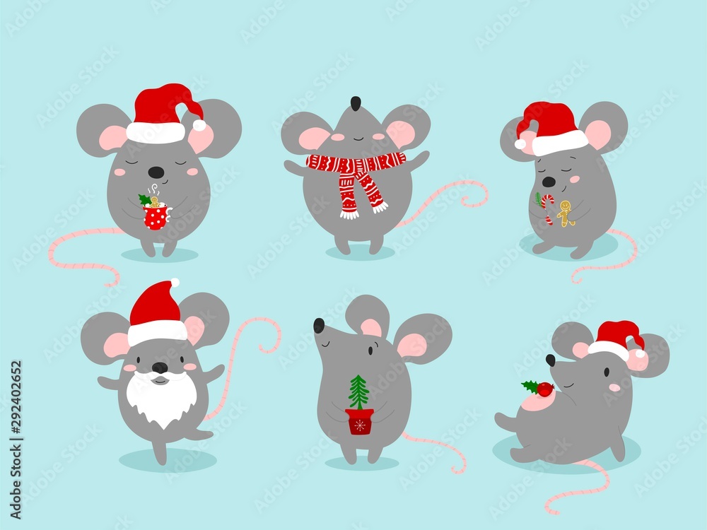 Set of cute funny mouses in different poses in cartoon style. Happy New Year greeting card with cute rat, symbol of 2020 year. Chinese New Year. Vector illustration. Set of cute funny mouses in different poses in cartoon style. Happy New Year greeting card with cute rat, symbol of 2020 year. Chinese New Year. Vector illustration.