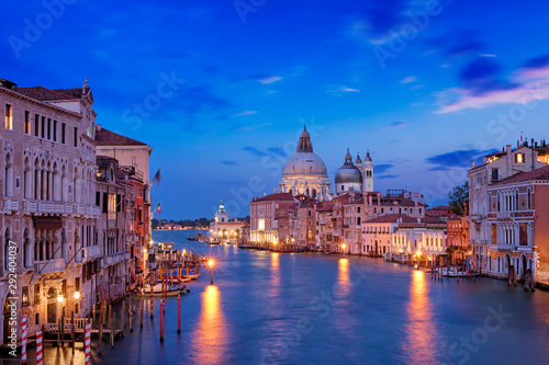 View of Venice Grand Canal and Santa Maria della Salute church in the evening