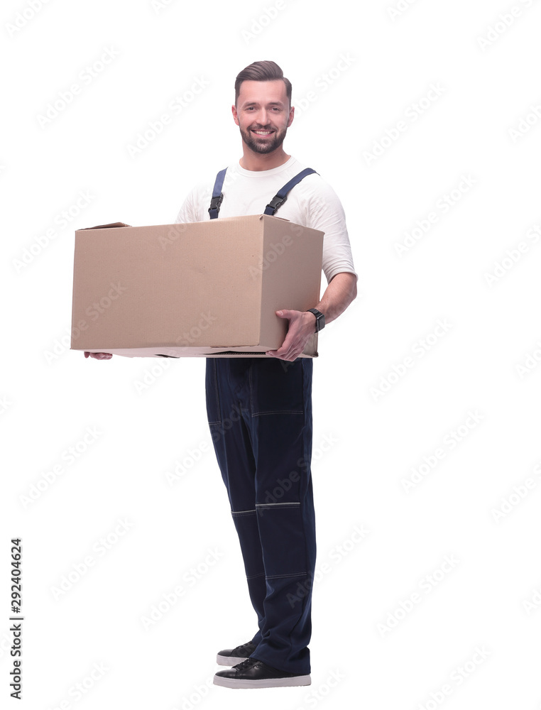 man in workwear with cardboard box isolated on white background man in workwear with cardboard box isolated on white background