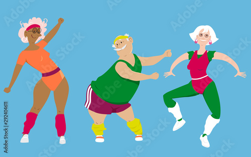Group of active seniors doing an aerobic workout, EPS 8 vector illustration