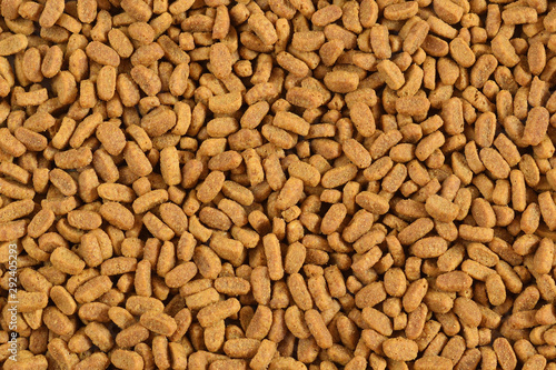 Dry food for cats or dogs. Closeup. Granules of oblong form. Top view	