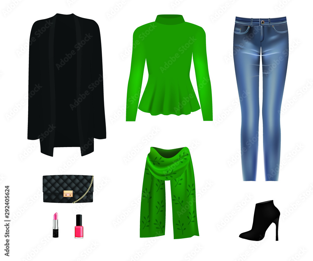 Women set. sweater, cardigan, pants, scarf, bag and boots. vector illustration Women set. sweater, cardigan, pants, scarf, bag and boots. vector illustration