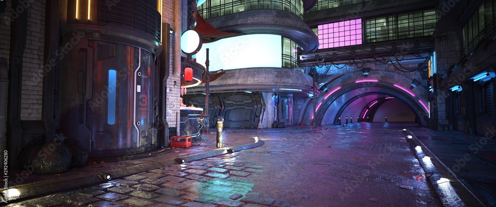 Fototapeta premium Fotorealistyczna ilustracja 3d futurystycznego miasta w stylu cyberpunka. Pusta ulica z jaskrawymi neonami i świecącymi billboardami. Piękny nocny pejzaż.