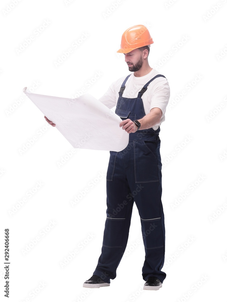 competent foreman Builder looking at drawings. isolated on white competent foreman Builder looking at drawings. isolated on white