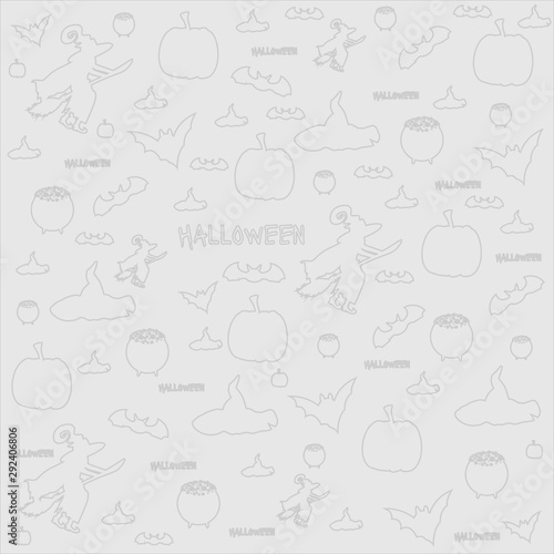 Seamless pattern with festive Halloween icons on white background. Design for wrapping paper, paper packaging, textiles, holiday party invitations, greeting card, messenger chat background