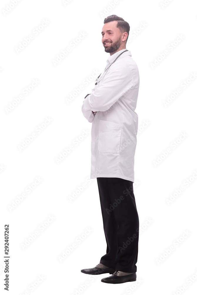 side view. smiling medical doctor looking at copy space side view. smiling medical doctor looking at copy space