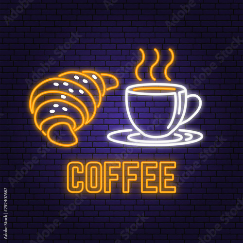 Neon coffee and croissant retro sign on brick wall background. Design for cafe, restaurant. Vector. Neon design for pub or fast food business. Light sign banner. Glass tube.