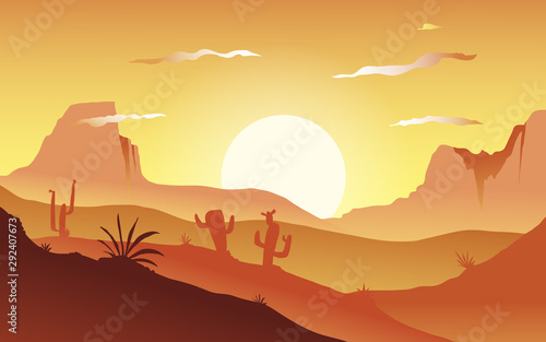 Cartoon desert landscape with cactus  hills  sun and mountains silhouettes  vector nature horizontal background.