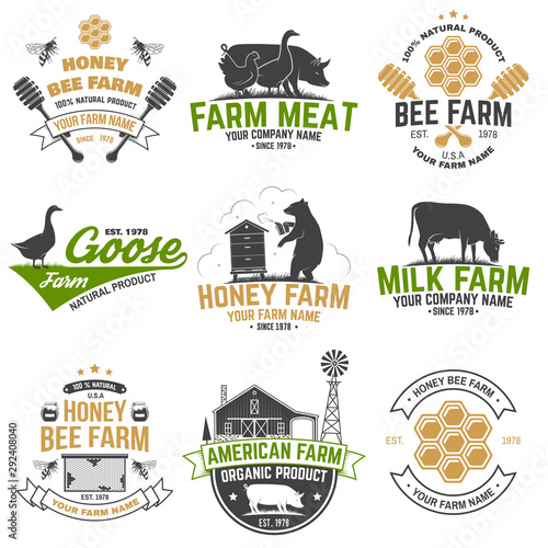 American Farm and Honey bee farm Badge or Label. Vintage typography design with bee, honeycomb piece, hive, chicken, pig, cow and farm house silhouette. Elements on the theme farm business.