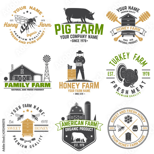 American Farm and Honey bee farm Badge or Label. Vintage typography design with bee, honeycomb piece, hive, chicken, pig, cow and farm house silhouette. Elements on the theme farm business.