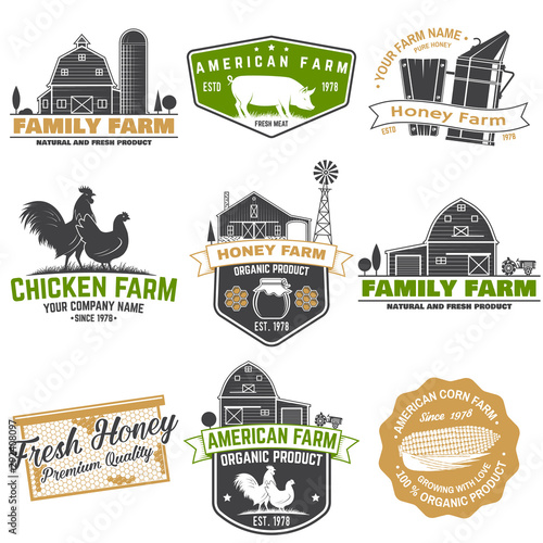 American Farm and Honey bee farm Badge or Label. Vintage typography design with bee, honeycomb piece, hive, chicken, pig, cow and farm house silhouette. Elements on the theme farm business.