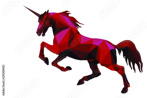 vector isolated image in the style of "love poly", a red unicorn jumps on a white background 