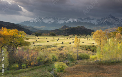 Autumn colors of Fall view of hay bales and trees in fields and aspen trees with San Juan Mountain Range of Dallas Divide just outside of Ridgway Colorado America photo