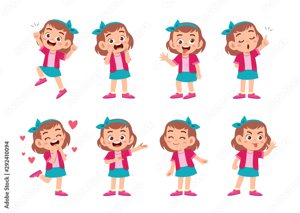 cute kid with many gesture expression set