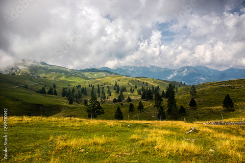 High plateau of Velika Planina, land of pastures and alpine huts high in the mountains, Slovenian Alps