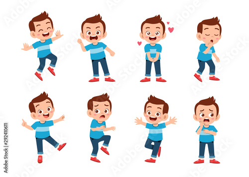 cute kid with many gesture expression set
