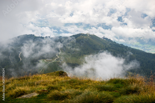 View from peak Krahbergzinken in Austrian Alps, Schladming village