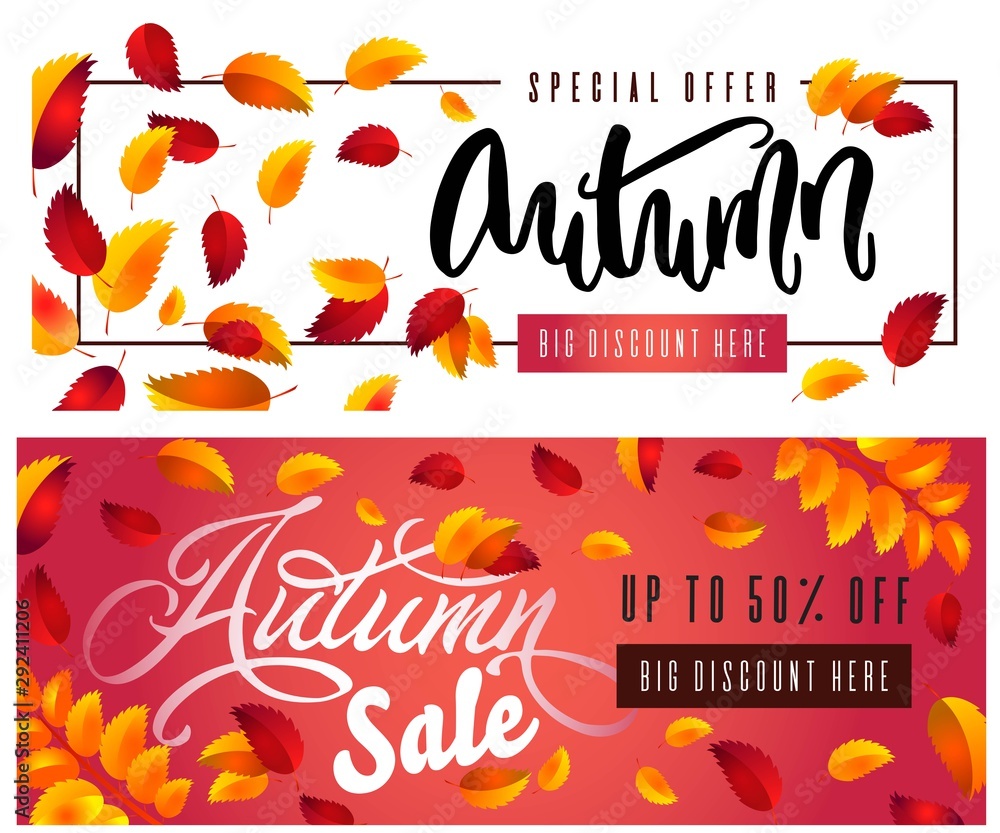 Collection of autumn sale and other typography banner template. Bright fall leaves. Great for sale poster, card, label, design.