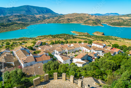 Panoramic sight of the beautiful Zahara de la Sierra, province of Cadiz, Andalusia, Spain.
