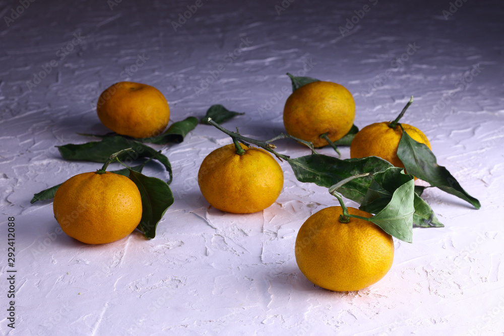 Tangerines. Natural tangerines with green leaves on the white textured background. 