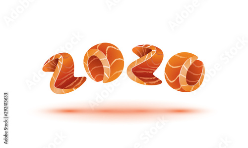 Happy New Year 2020 text design. Salmon style numbers for sushi calendar background.