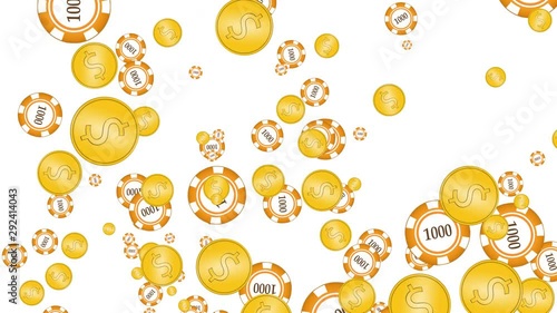 casino chips fly apart from the explosion to the sides, on a white background, isolated