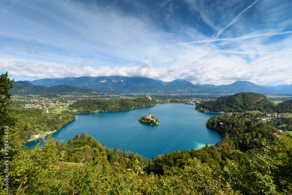 Aerial panoramic landscape of scenic lake Bled (Blejsko jezero) in Julian Alps in Slovenia