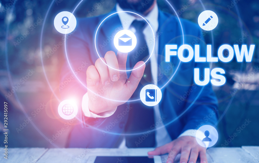 Text sign showing Follow Us. Business photo showcasing Act of demonstrating to invite an individual or group to join his company Text sign showing Follow Us. Business photo showcasing Act of demonstrating to invite an individual or group to join his company