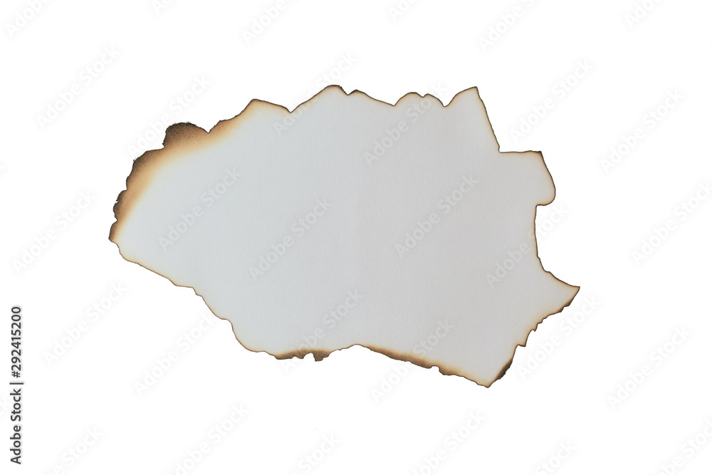 Piece of white paper with burnt edges isolated on white background. Copy space Piece of white paper with burnt edges isolated on white background. Copy space