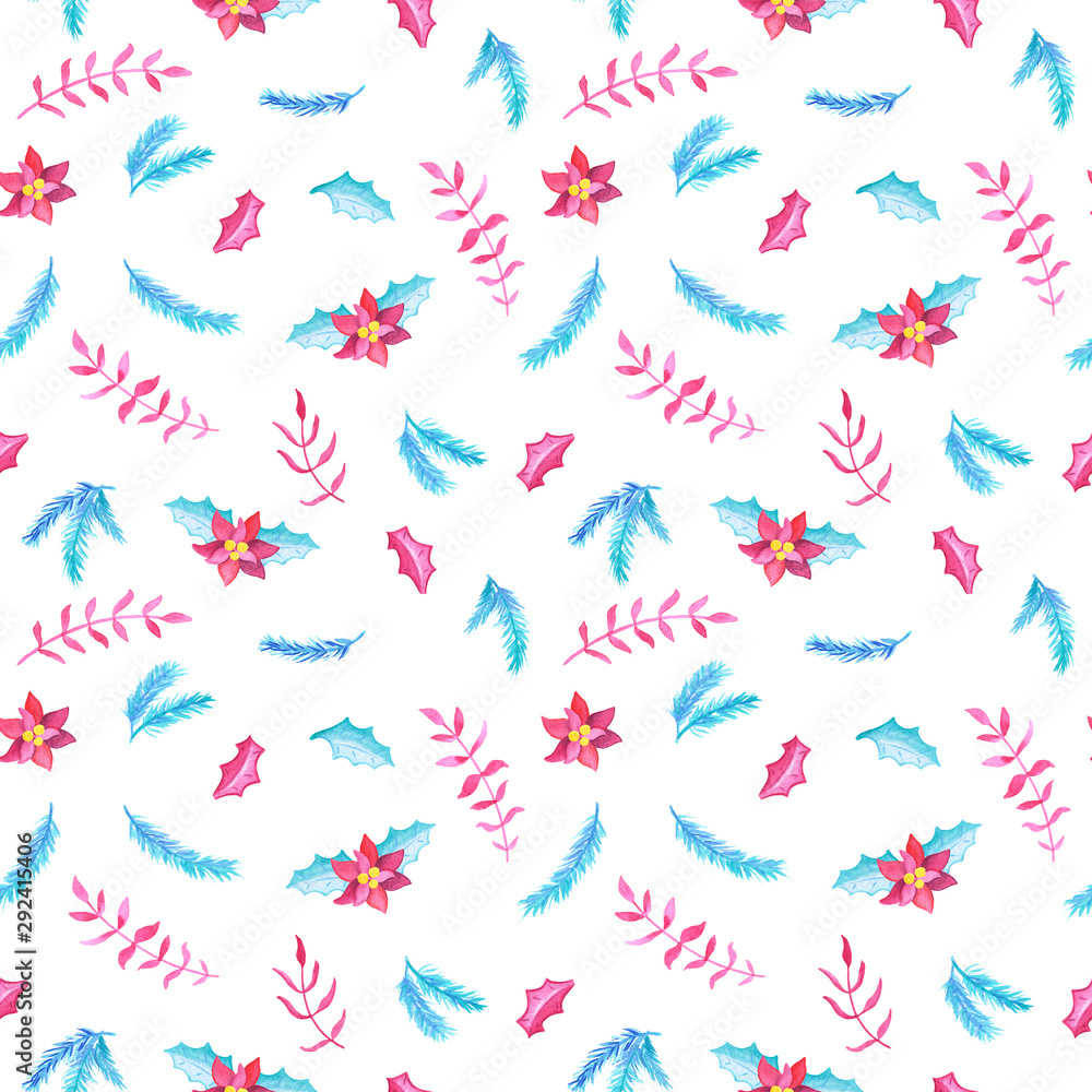 Blue and red Christmas ornament seamless pattern on white background. Xmas wrapping paper with watercolor illustration. Blue and red Christmas ornament seamless pattern on white background. Xmas wrapping paper with watercolor illustration.