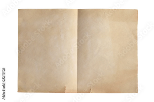 Old weathered crumpled sheet of paper folded in half isolated on white. Top view. Closeup