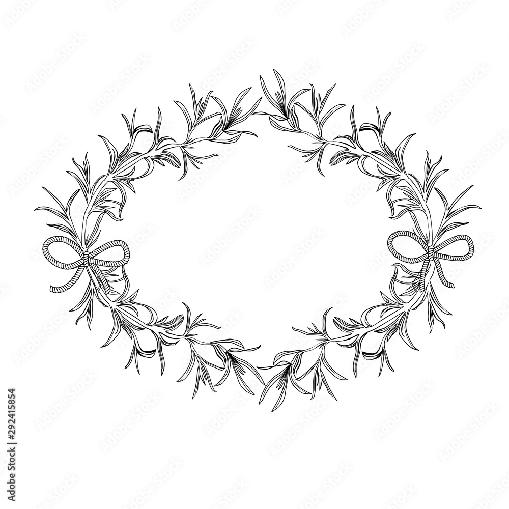 Sketch wreath with rosemary. Doodle frame. Hand drawn botanical border