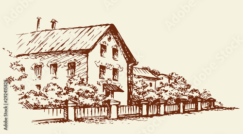 Cozy rural house. Vector sketch