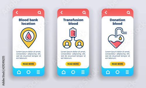 Blood bank on mobile app onboarding screens. Donorship.