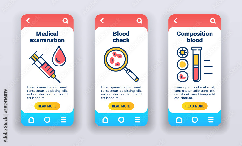 Plakat Test blood on mobile app onboarding screens. Line icons, medical exam, check up, composition blood on vector isolated.