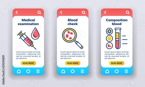 Test blood on mobile app onboarding screens. Line icons, medical exam, check up, composition blood on vector isolated.