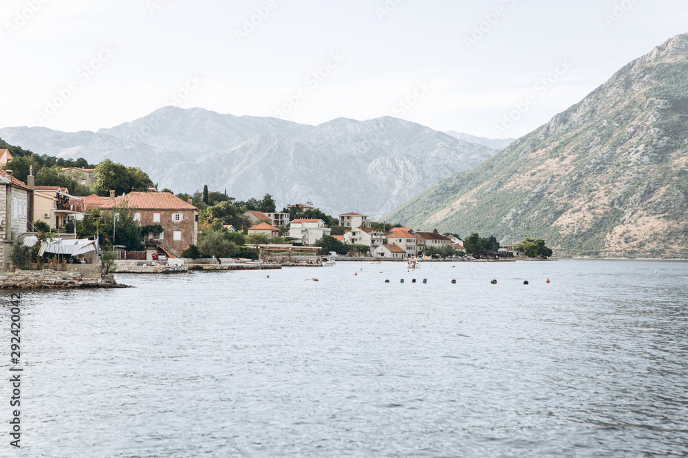 Boko Kotor Bay. Beautiful sea and mountain views of the natural landscape and coastal city in Montenegro.