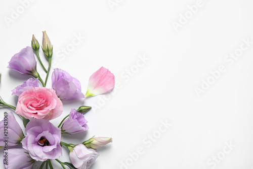 Fototapeta Naklejka Na Ścianę i Meble -  Beautiful Eustoma flowers on white background, top view. Space for text