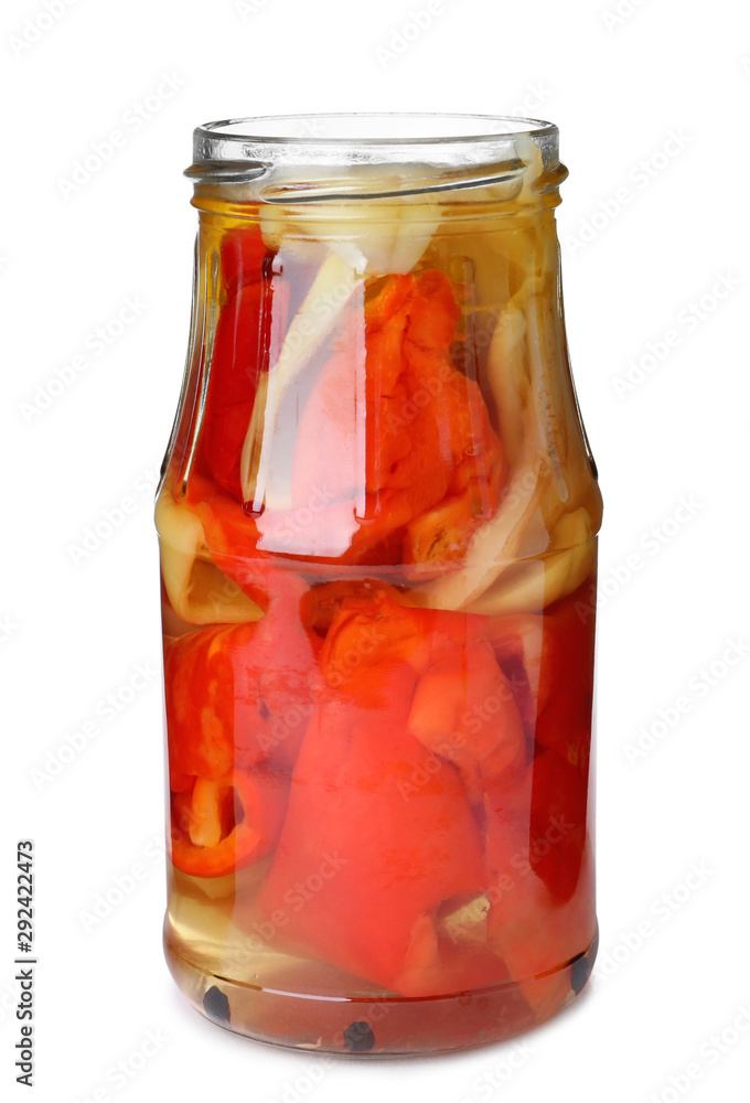 Glass jar with pickled bell peppers isolated on white Glass jar with pickled bell peppers isolated on white