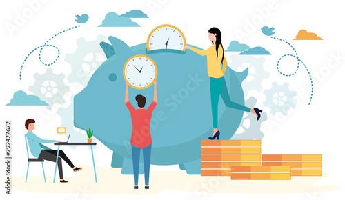 Time management, control. Vector illustration flat design. Isolated on background. Businessman run along gear in form of clock. Organization of process.