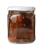Jar with pickled eggplant slices on white background