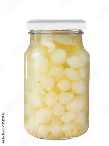 Jar with pickled onions on white background