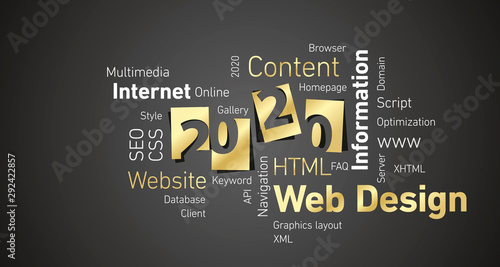 Web Design New Year 2020 gold white word cloud black board background
