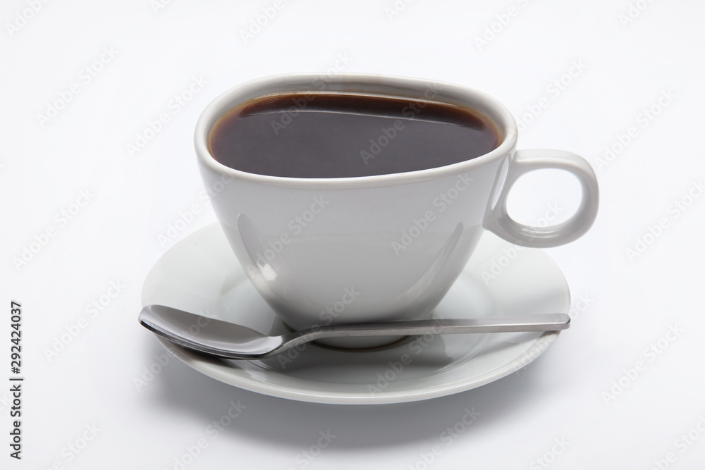 A white coffee cup full of black coffee on a white background