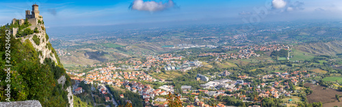 San Marino. Panorama of old stone towers on the top of the mountain.