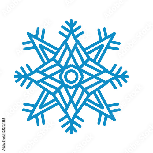 Big blue snowflake icon vector on white background. Single symmetric vector flat illustration