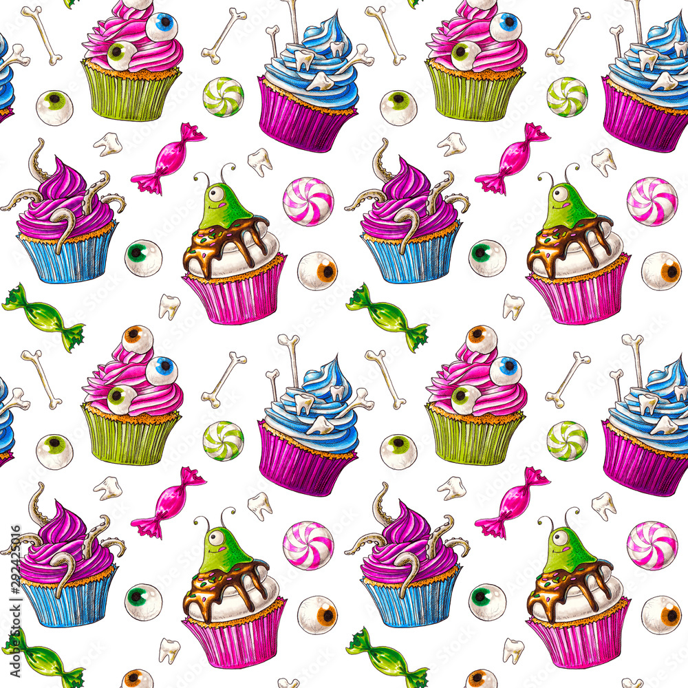 Hand drawn seamless pattern (texture) with sweets for Halloween