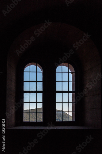 Windows of an old castle made of sandstone
